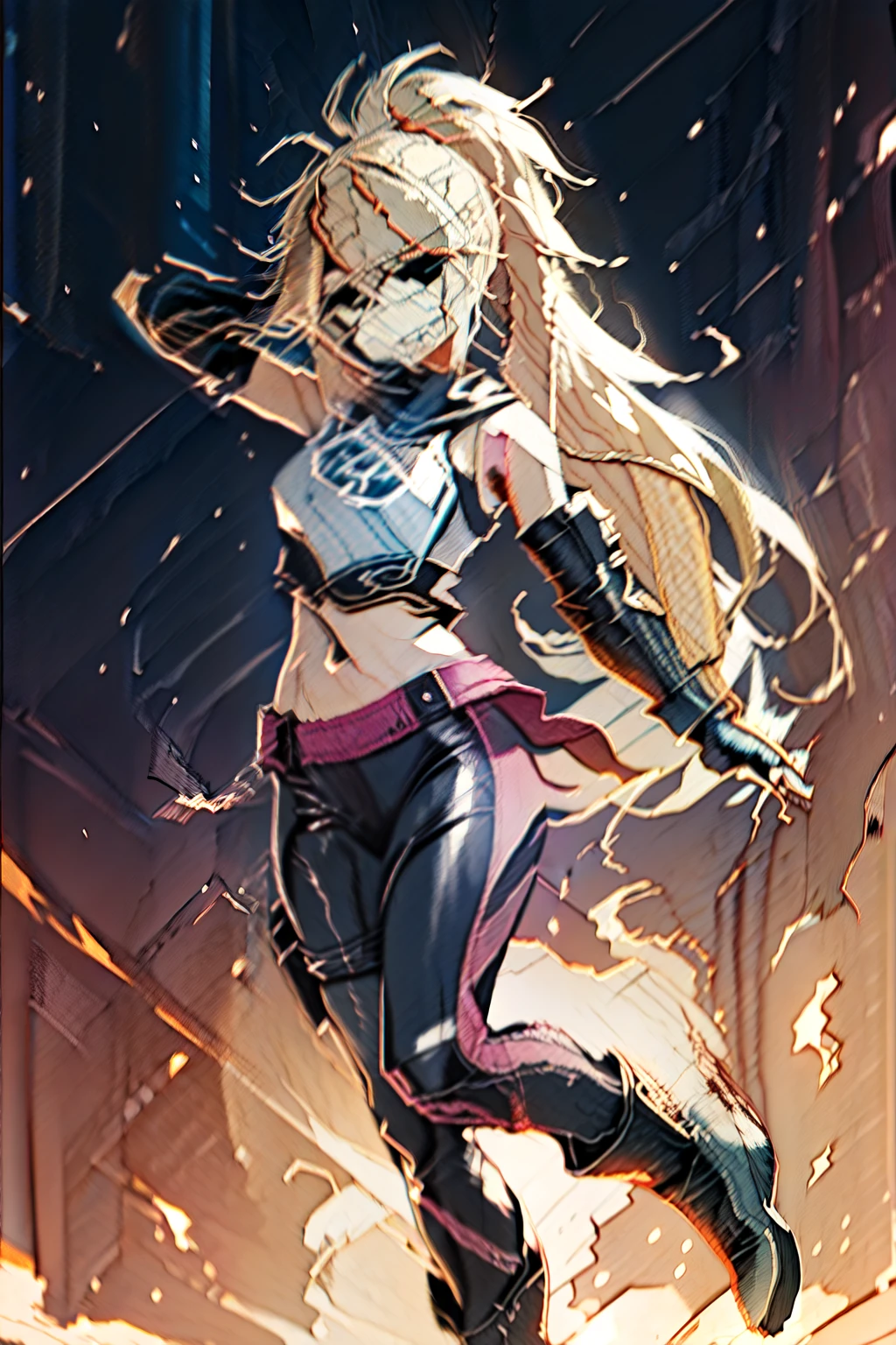 girl, blonde,ultra messy hair, multicolored bangs, braids, long ponytail, angelical forniture, celestial guardian, purple and pink theme, cute pose, long celestial boots, yoga pants, iron shoulders, short breastplate, fingerless gloves, gold gauntlets, ultra detailed face, long eyelashes, glowing eyes, MD Rin, lovely, Alta resolução, Obra-prima, Preciso, Melhor qualidade, 