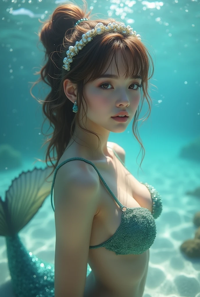 (masterpiece,best quality:1.4),(8k,raw photo,photo realistic:1.2),shiny skin,detailed skin,detailed face,detailed eyes,Detailed hands,Detailed Background、1girl,Japanese idol,(beautiful face),(Shining Eyes:1.1),、smile、Symmetrical eyes、、Great background、Great location、((Sexy Costumes))、Upper Body、(Detailed cute face mermaid,Live-action adaptation,The Little Mermaid,)、coral,Small tropical fish,In the water,swim,Full body portrait,Ocean,mysterious,Charming,nswf