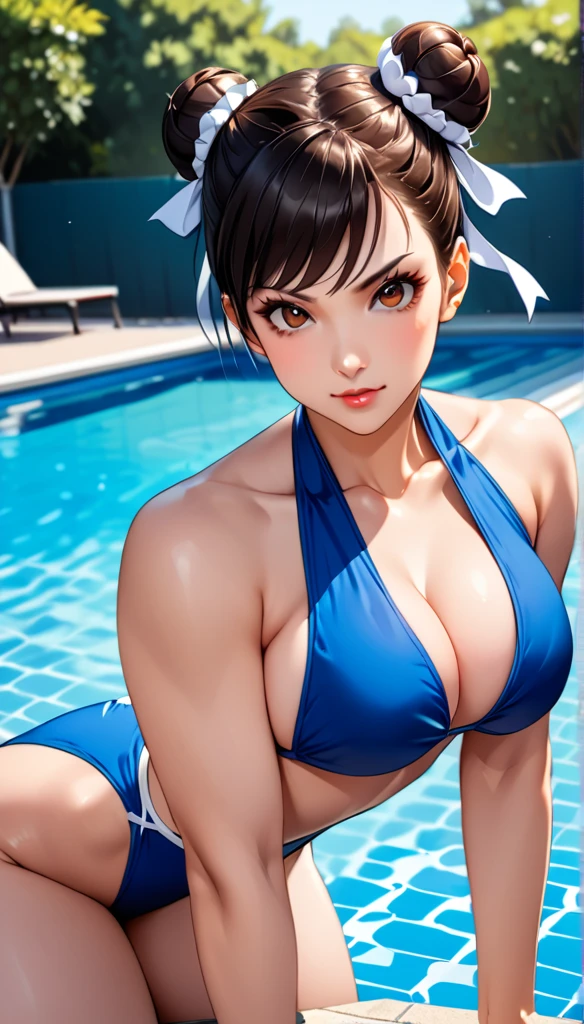 poolside,Bikini,score_9, score_8_up, score_7_up, break, score_9, 1girl, Chun-Li,street fighter, black hair, brown eyes, Shortcuts, breasts, looking at viewer, sexy pose, cowboy shot,eyelashes、Bun Hair