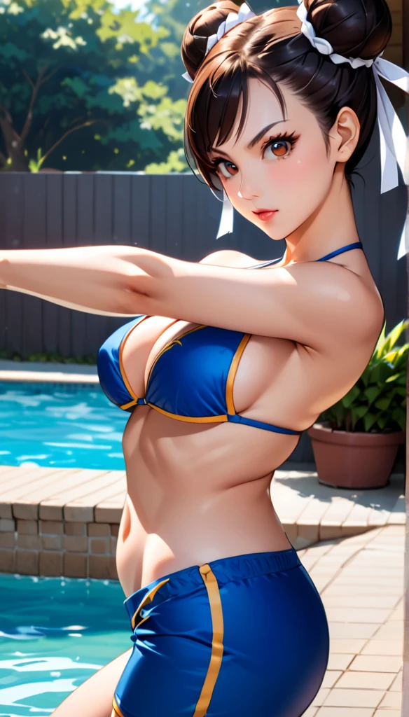 poolside,Bikini,score_9, score_8_up, score_7_up, break, score_9, 1girl, Chun-Li,street fighter, black hair, brown eyes, Shortcuts, breasts, looking at viewer, sexy pose, cowboy shot,eyelashes、Bun Hair