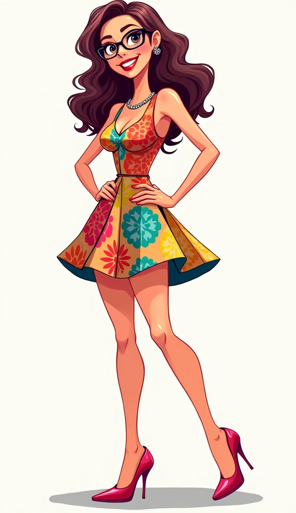 [mulher jovem], [corpo inteiro], [morena], vestido florido, estilo cartoon, estilo comic, contorno de linhas pretas 0.6, sentada na margem do rio, detalhes intrincados, highes definition