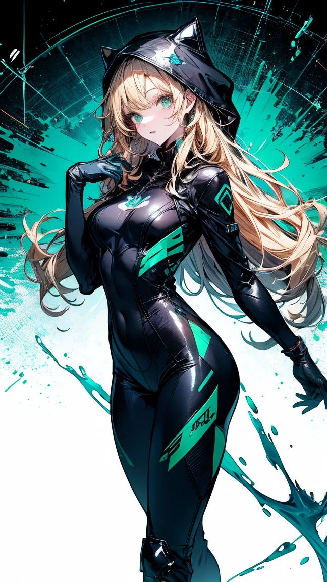 1girl, green eyes, blonde hair, long hair, large breasts, hourglass figure, bodysuit, white bodysuit, neon, neon trim, machinery, tech, science-fiction, futuristic, serious, standing, full body, ((full body)),, pantyhose, black pantyhose, wavy hair, fighting stance, drone, robot girl, gun