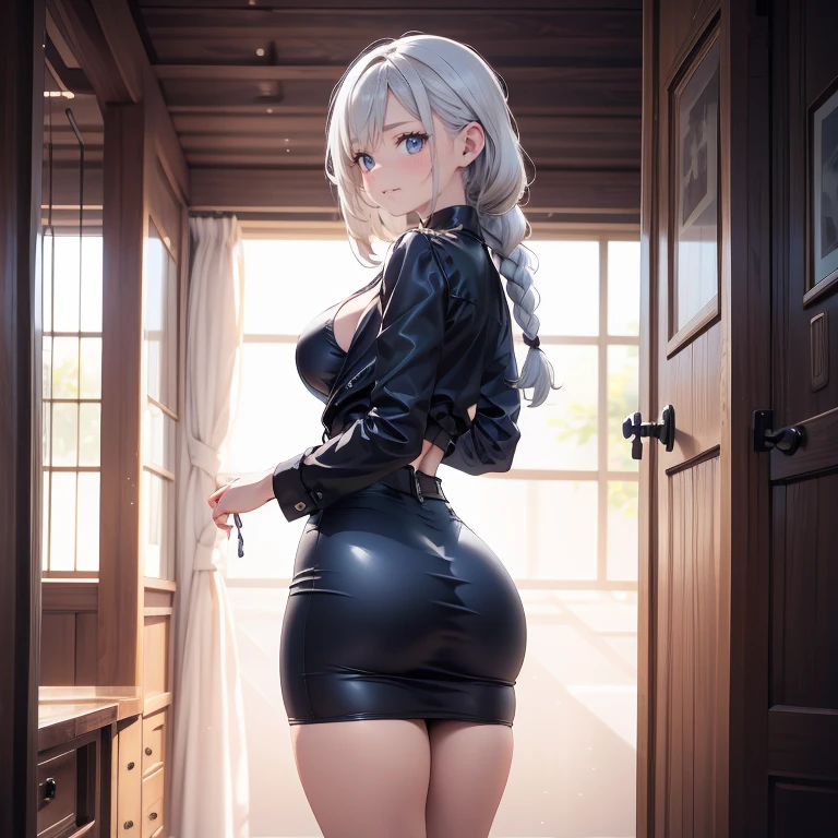 full body Waifu beautiful detailed eyes, beautiful detailed lips, extremely detailed eyes and face, longeyelashes, 1girl, sensual, young woman, sexy medium / large breasts, beautiful feminine face, nice sexy thighs, slim, sexy, erotic, beautiful clothes, perfect body, perfect anatomy of female, cinematic lighting and framing, (best quality,4k,8k,highres,masterpiece:1.2),ultra-detailed,digital painting,portrait,glamorous,highly detailed,soft lighting, vivid color tones ((masterpiece)), ((best quality)), (ultra-detailed) { - anatomy error} (Masterpiece, Best Quality) ultra realistic 8k cg, masterpiece, ((ultra detailed background, delicate pattern, intricate detail)), (highly detailed, fine detailest quality, 1girl, (photorealistic:1.4),beautiful lighting, absurdres, RAW photo, film grain, ((medium breasts, slim girl)), 1girl, teenager, MeiMei, solo, long hair, braid, dress, hair over one eye, smile, long sleeves, braided bangs, white shirt with a black jacket on the shoulders, braided ponytail, white hair, standing, blue opal eyes, makeup, grey hair, one eye covered, lipstick, parted lips, single braid, (complex detailed background, outside, environment, cowboy shot, from behind), crow background