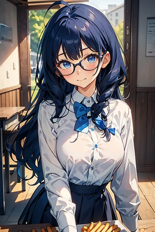 1girl, A girl stuffing her face with french friesbangs,black-framed eyewear,black hair,blue bow,blue eyes,blue hair,blueberry,blush,bow,bowtie,cherry,A short-sleeved white shirt with four vertical bow ties, hard areolas, protruding areolas,Ahoge, long bob cut with fluffy hair,closed mouth,collared shirt,glasses,holding,holding food,holding fruit,long hair,long sleeves,looking at viewer,medium hair,school uniform,white shirt