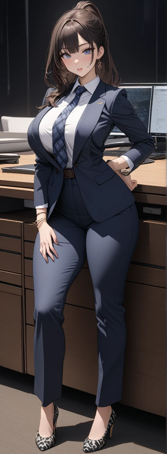 ((masterpiece)), ((high quality)),((ultra-detailed)), ((extremely detailed)),4K,8K, wearing navy pants suit, 2, in Office Suit, Office pants,very tall girl with a perfect big butt, 1girl, middle big ass, skin fit pants, tight suit,big breasts, Roll up sleeves ,black curly hair, ponytail, office lady, full body closed-up, black patterned floury pumps, plain background, earrings,  Tuck in shirt, hand on elegant Japanese sword with sheath, brown belt, hime cut, cold beauty, perfect hands, perfect face, perfect eyes, perfect body, Japanese style hair ornament, bracelet, holding_sword, Angle from front, blue plaid necktie, stand with own legs apart