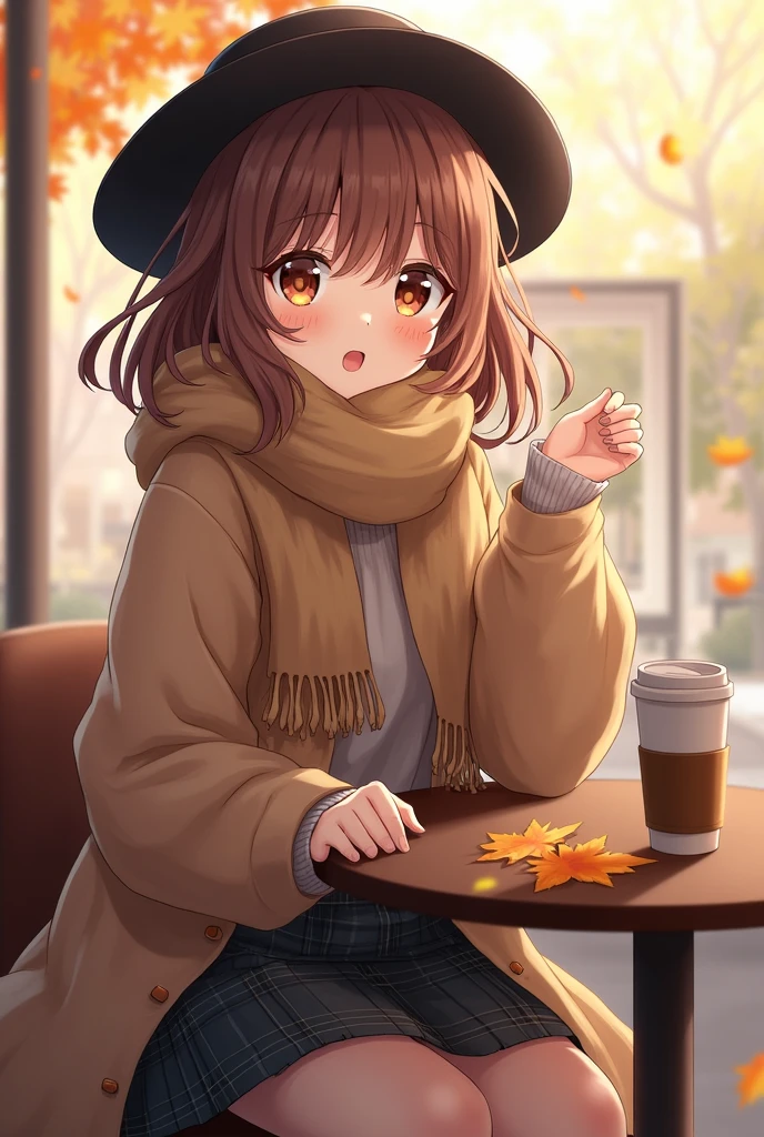 1 girl, moves de otoño, blows, Black hat, blurred background, blush, brown eyes, brown hair, brown scarf, brown skirt, cardigan, café, cowboy shot, cup, disposable cup, , moves cayendo, cap, tenure, tenure , move, by the wide, long sleeves, looking at the viewer, open cardigan, open mouth, tartan, tartan skirt, puffy long sleeves, red sweater, scarf, shirt, shirt tucked in, SIDE LOCKS, skirt, smile, Alone, sweater, white shirt, extremely detailed, intricate, masterpiece, absurdres