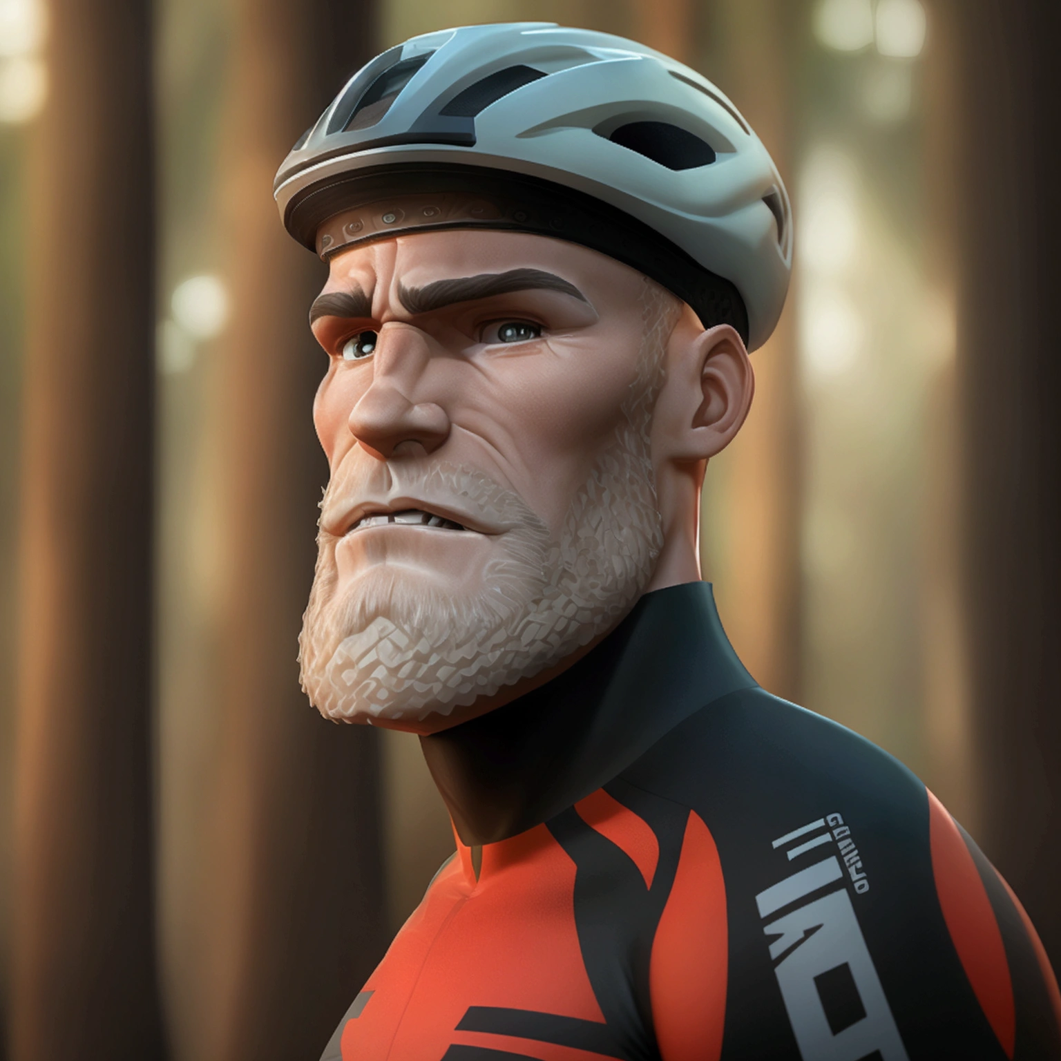 Cinematic movie-poster: Full body portrait of a giant Colm Feore standing in a a forest, red hair, freckles, extremly handsome middle-aged face, slender muscles, he's wearing a tight fitted cycling jersey singlet with tight cycling shorts, wearing a bicycle helmet, he has a very big crotch bulge indicating that he is very well endowed, protruding crotch bulge, large feet, his legs are in frame, titan, homoerotic, towering figure, enormously tall, long torso, long legs, sharp teeth, pale skin, chalk-white skin, beard, veiny arms, scaly face, scars across his torso, dark black eyes, defined muscles, zatyr-legs, , big muscles, low body-fat, small nipples, athletic build, masculine, brooding, stunning details, stunning photography, 4k quality, high resolution, high definition, cinematic, we see the entire body of the man in the photo