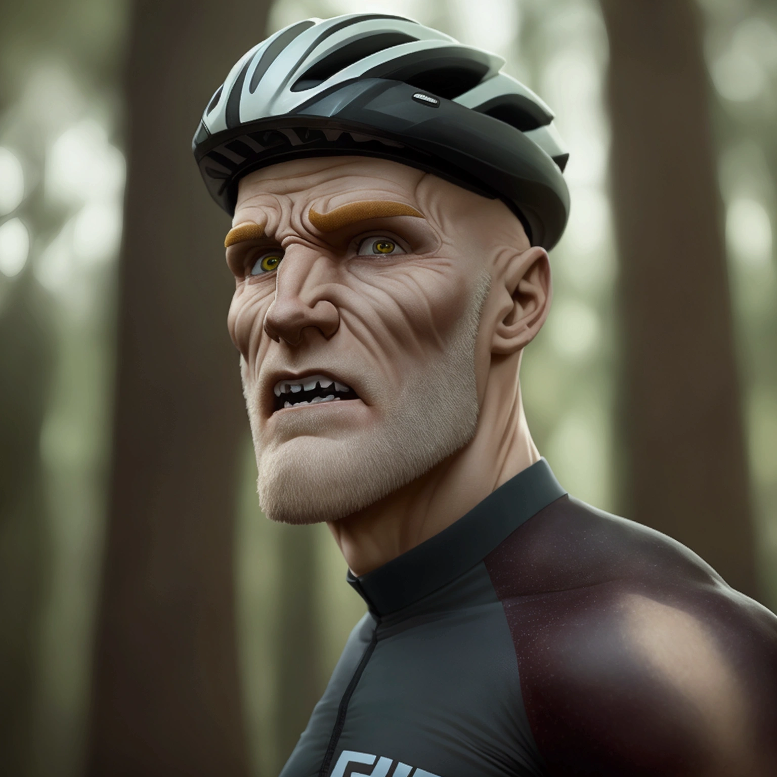 Cinematic movie-poster: Full body portrait of a giant Colm Feore standing in a a forest, red hair, freckles, extremly handsome middle-aged face, slender muscles, he's wearing a tight fitted cycling jersey singlet with tight cycling shorts, wearing a bicycle helmet, he has a very big crotch bulge indicating that he is very well endowed, protruding crotch bulge, large feet, his legs are in frame, titan, homoerotic, towering figure, enormously tall, long torso, long legs, sharp teeth, pale skin, chalk-white skin, beard, veiny arms, scaly face, scars across his torso, dark black eyes, defined muscles, zatyr-legs, , big muscles, low body-fat, small nipples, athletic build, masculine, brooding, stunning details, stunning photography, 4k quality, high resolution, high definition, cinematic, we see the entire body of the man in the photo