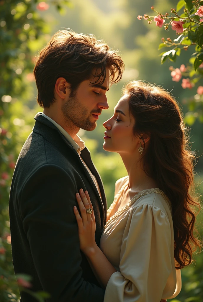 I need you to create an image of a man lying on the woman&#39;s legs, and the woman who is as if she were spiritual, and the man tells him "get out of my head please" and the woman tells him" I know you will never forget me"