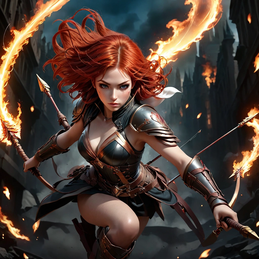 a woman with red hair and a bow and flaming arrows in a dark city, fantasy art style épica hd, detailed fantasy art, detailed fantasy digital art, 4k fantasy art, arte de highly detailed fantasy, detailed 2d digital fantasy art, fantasy art hd, anime cgi fantasy art 2. 5 d, fantasy art style épica, highly detailed fantasy, high quality fantasy art, fantasy art style