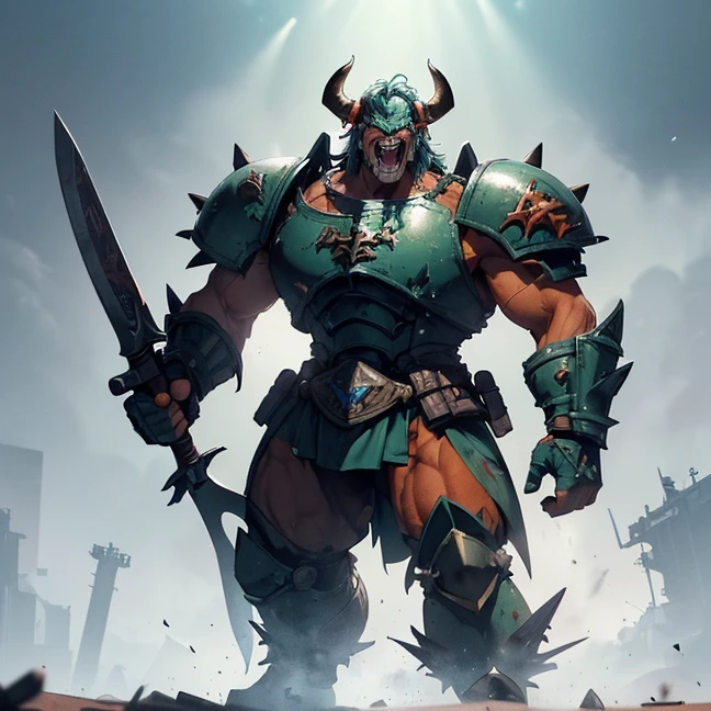 (Absurdres, master piece, best high quality image, very detailed features, very detailed textures, carefuly detailed with no deformed parts in all the artwork, not censored violence and bleeding), only solo character.
{{A big hulking troll, he heights 2 meters tall, he has big mouth full of light blue sharp teeth, he has no nose, orange skin, he has two light blue eyes, very long arms with six fingers, strong bulky feet, 2 bison green horns on his head and 10 green spikes on his hed, wears a bulky heavy grey armor, (big squared helmet with 3 crests, big grey shoulder pads, very armored arms, bulky heavy grey, boots), wields a big axe and a huge heavy pistol, he is laughing happy and enjoying a fight. Attacking a british airbase.}}