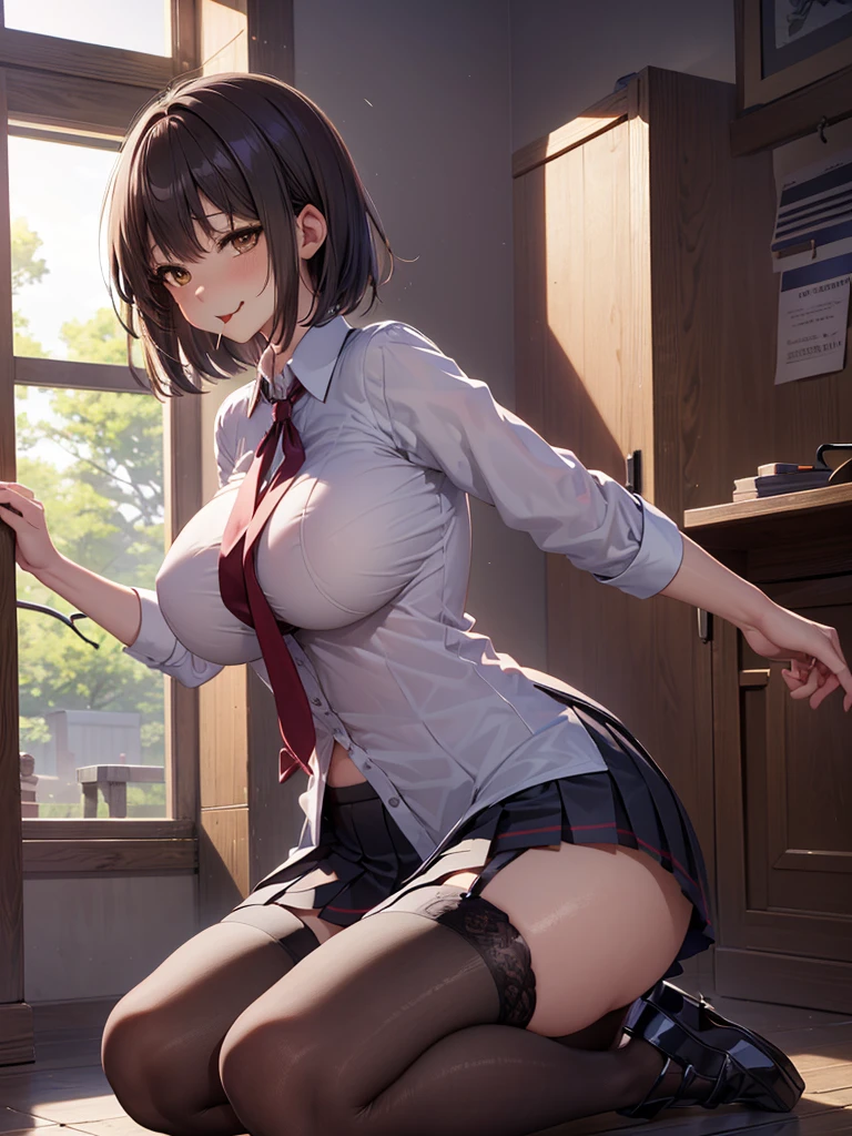 ((Best Quality)), ((masterpiece)), (detailed), One person,Age 25,uniform,student,(mini skirt),(Please open the buttons on your shirt),Shoulder Bare,Red cheeks,Underbust,(I can see your chest),(Excited expression),(Seduce),night,circuit,Dim lighting,(暗いnightの背景),(Dimly lit changing room),(Dirty changing room),Take a closer look,sexy,Side view,Obese older people,(Standing old man),(Woman kneeling in front of an old man),(Old man showing his penis in front of a woman),(Woman sticking tongue out at penis),sweat,(Black garter belt),Short Hair,