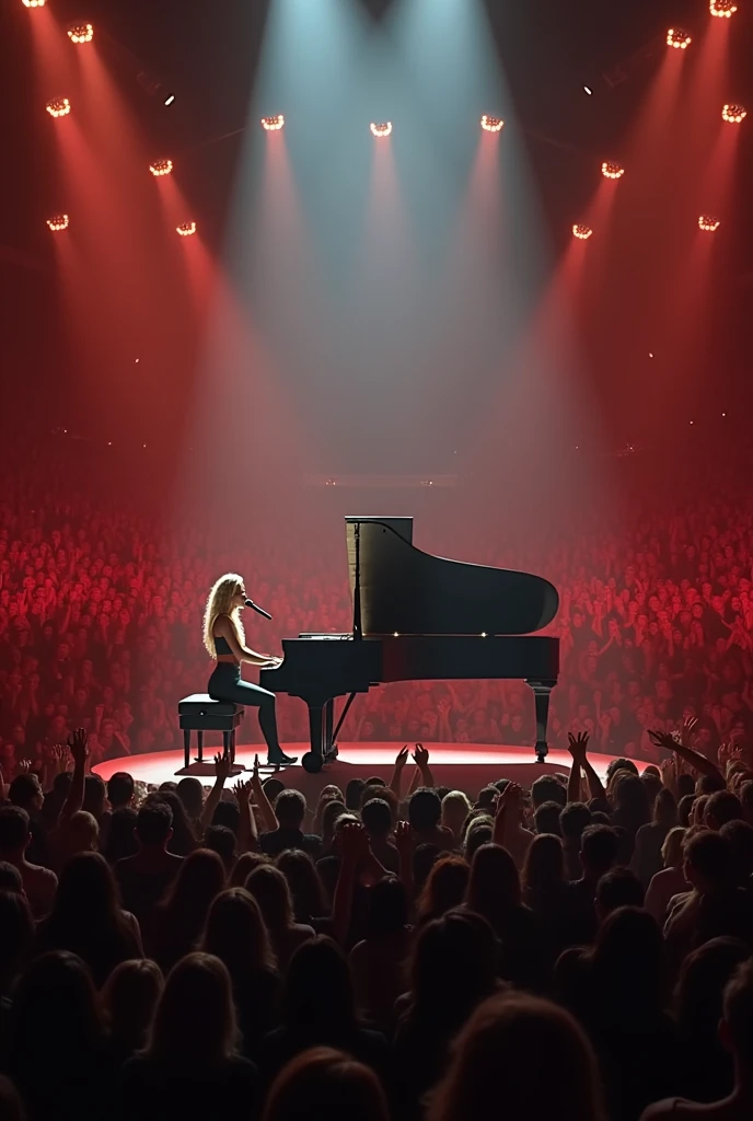 Elle Fanning playing a grand piano live in a music concert, big eyes , nude, looking in the camera, super muscular in the style of elegant suit, street photography