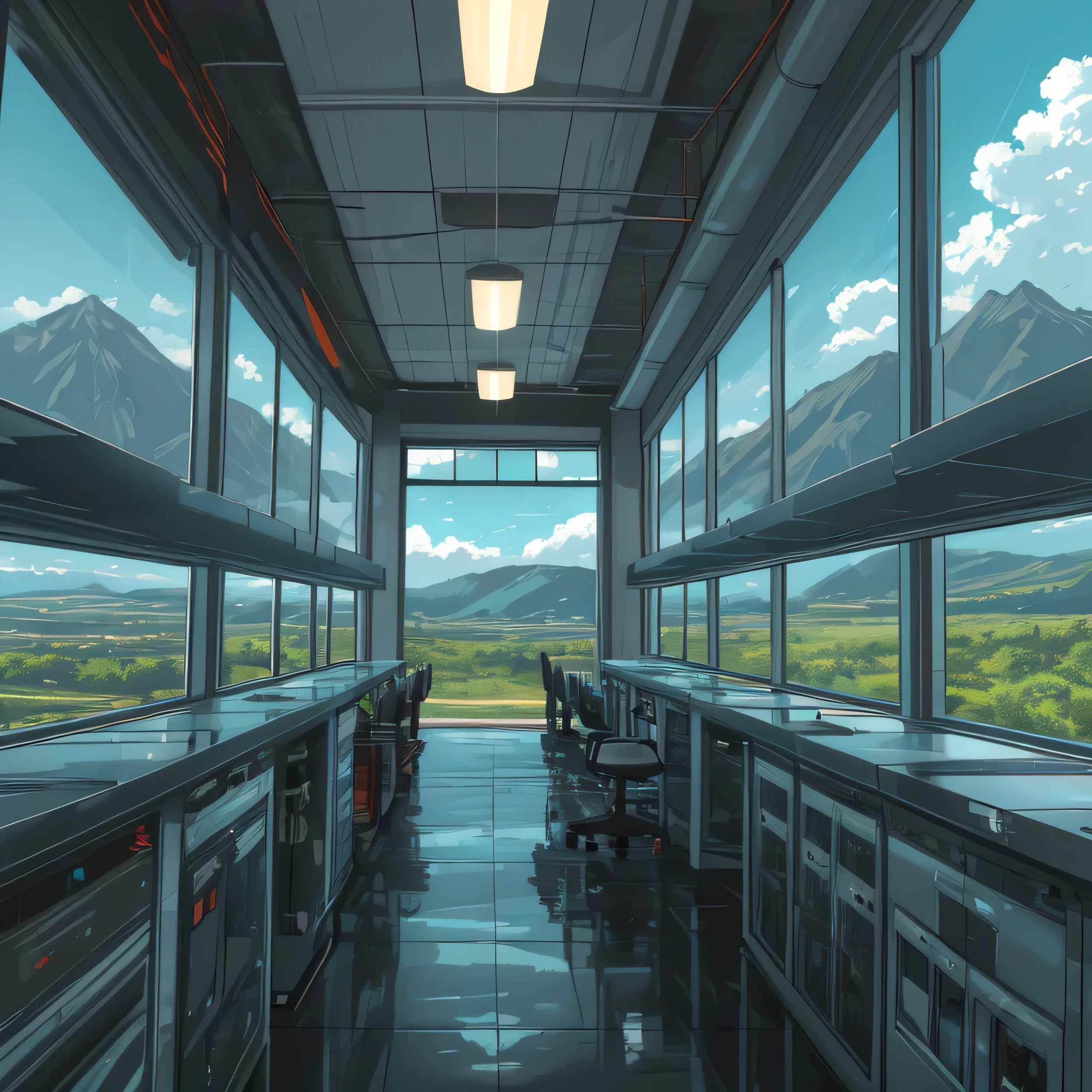 a science lab, computers, laboratory equipment, Large and enormous space with a large double-height window with a blue sky with clouds and vegetation of trees and mountains, a vertical image with a lot of height