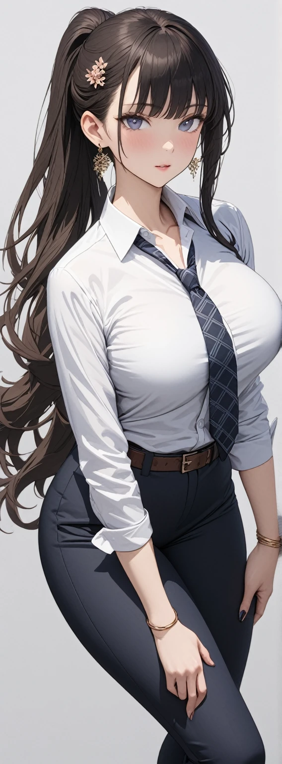 ((masterpiece)), ((high quality)),((ultra-detailed)), ((extremely detailed)),4K,8K, wearing navy pants suit, 2, in Office Suit, Office pants,very tall girl with a perfect big butt, 1girl, middle big ass, skin fit pants, tight suit,big breasts, Roll up sleeves ,black curly hair, ponytail, office lady, full body closed-up, black patterned floury pumps, plain background, earrings,  Tuck in shirt, hand on elegant Japanese sword with sheath, brown belt, hime cut, cold beauty, perfect hands, perfect face, perfect eyes, perfect body, Japanese style hair ornament, bracelet, holding_sword, Angle from front, blue plaid necktie, stand with own legs apart