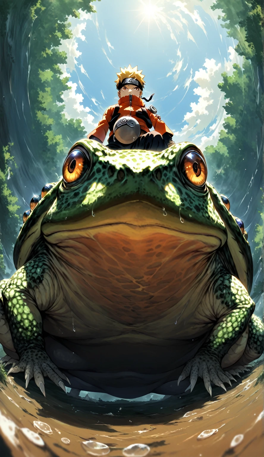 A striking, fisheye lens shot captures Naruto sitting atop a massive striped toad from a dramatic,looking down viewer, low-angle rather right side perspective.((toad occupy 90% of frame)), Naruto wears orange jachet, (stomach of toad),The toad's immense body, wet and textured, stretches out towards the viewer, with its striped skin curving dramatically around the edges of the frame due to the extreme wide-angle distortion. The shot looks up from the ground, making the toad seem even more colossal, as its body warps and bends with the fisheye effect. Naruto, standing on the toad's back, appears smaller in comparison but still powerful, a slight smile on his face as he gazes down toward the camera. His gourd hangs from his waist, and the intense curvature of the scene creates a sense of surreal scale and dominance, enhancing the overwhelming presence of both the toad and Naruto,(fisyeye lense),(by 8mm F16 lense),((from below hyper perspective view)),