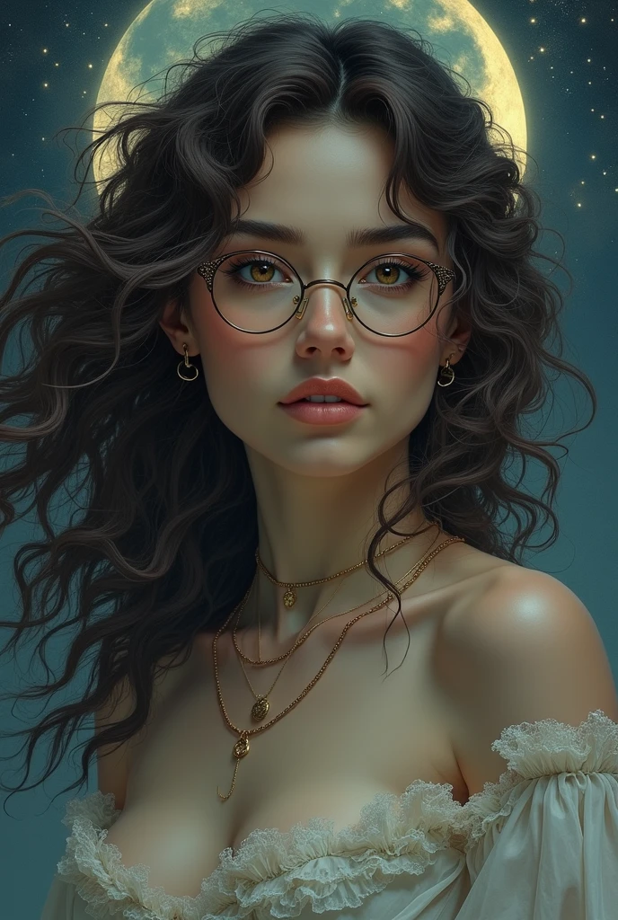 Dark brown long hair fluffy and curly, amber colored eyes, Swarthy girl, Clean-shaven face, naked, without underwear, стилистика dark fantasy. gold jewelry, rings, glasses with dark lenses. cunning. On a dark mystical background. photorealistic. whole body. Beautiful hands. Normal eyes.