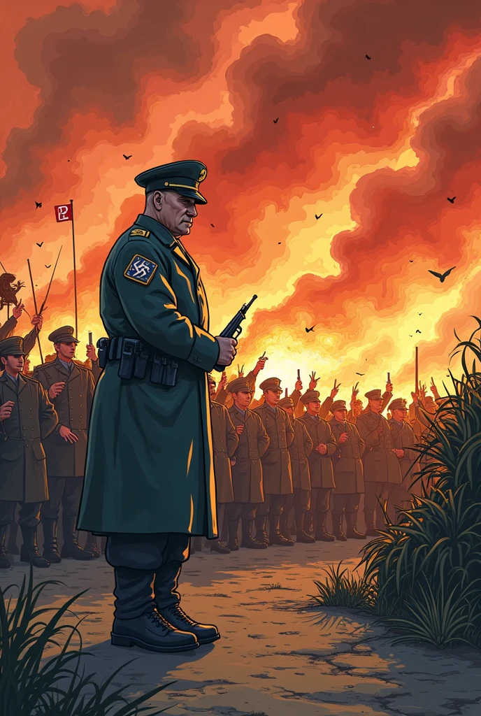 a commissar looking at a destroyed battlefield,
First World War, Verdun, Ypres, dead trees, barbed wire, craters, explosions, mud, fire, dust, smoke, fog,
in the style of (Beksinski:1.2), (Yerka:1.1), (Escher), surrealism, dry brush, oil on canvas, nightmarish, unsettling, vibrant colors, vivid colors,
<hypernet:LuisapOilPainting_v1:0.2>, <hypernet:commissar_v10:1>