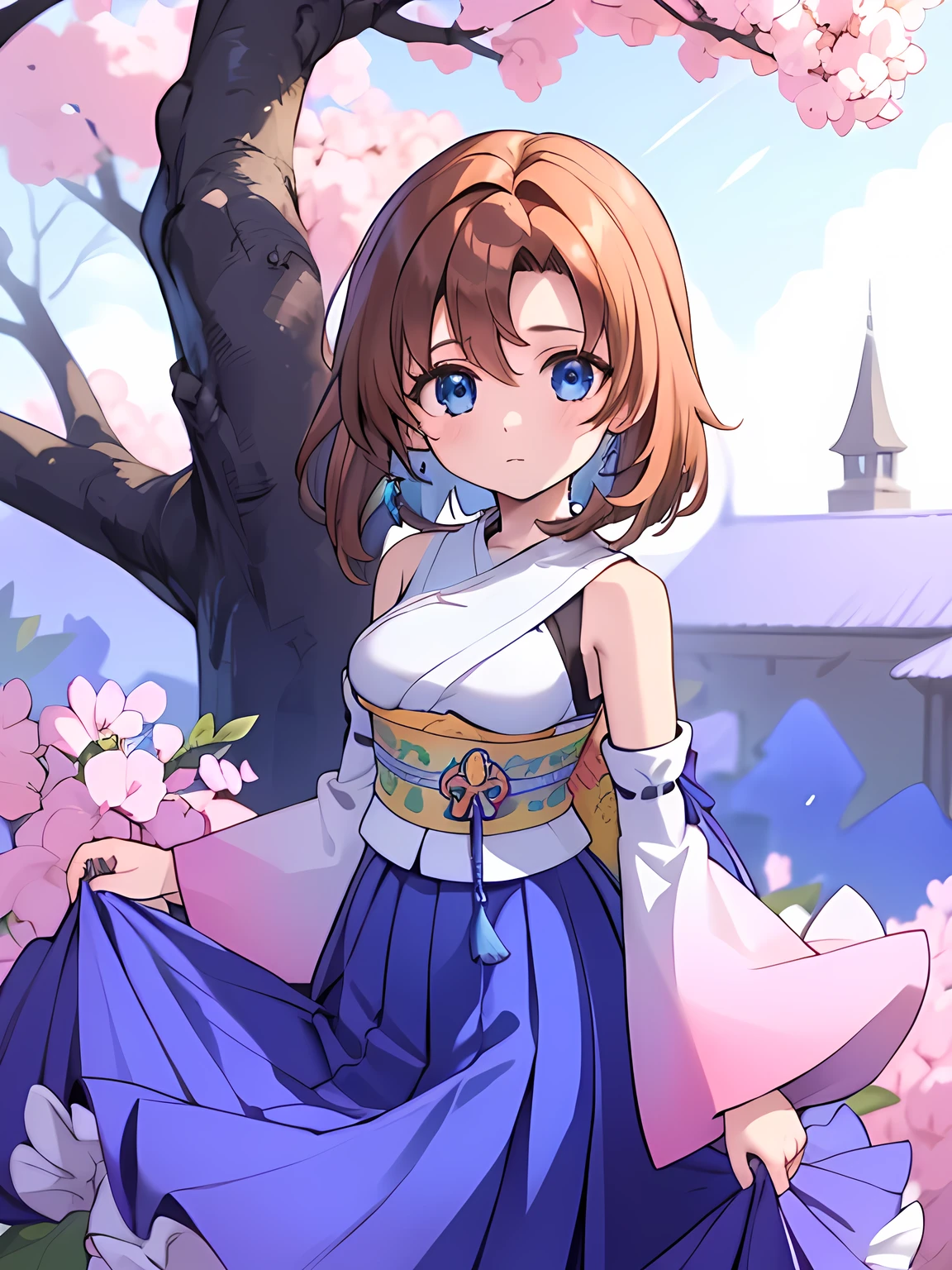 Ultra-high resolution, Advanced Details, (((Rena Ryuuguu))), girl, alone, orange hair, short hair, blue eyes, blue beaded earrings, hair ornament, detached sleeves, hakama, sash, (hakama skirt), (long skirt)