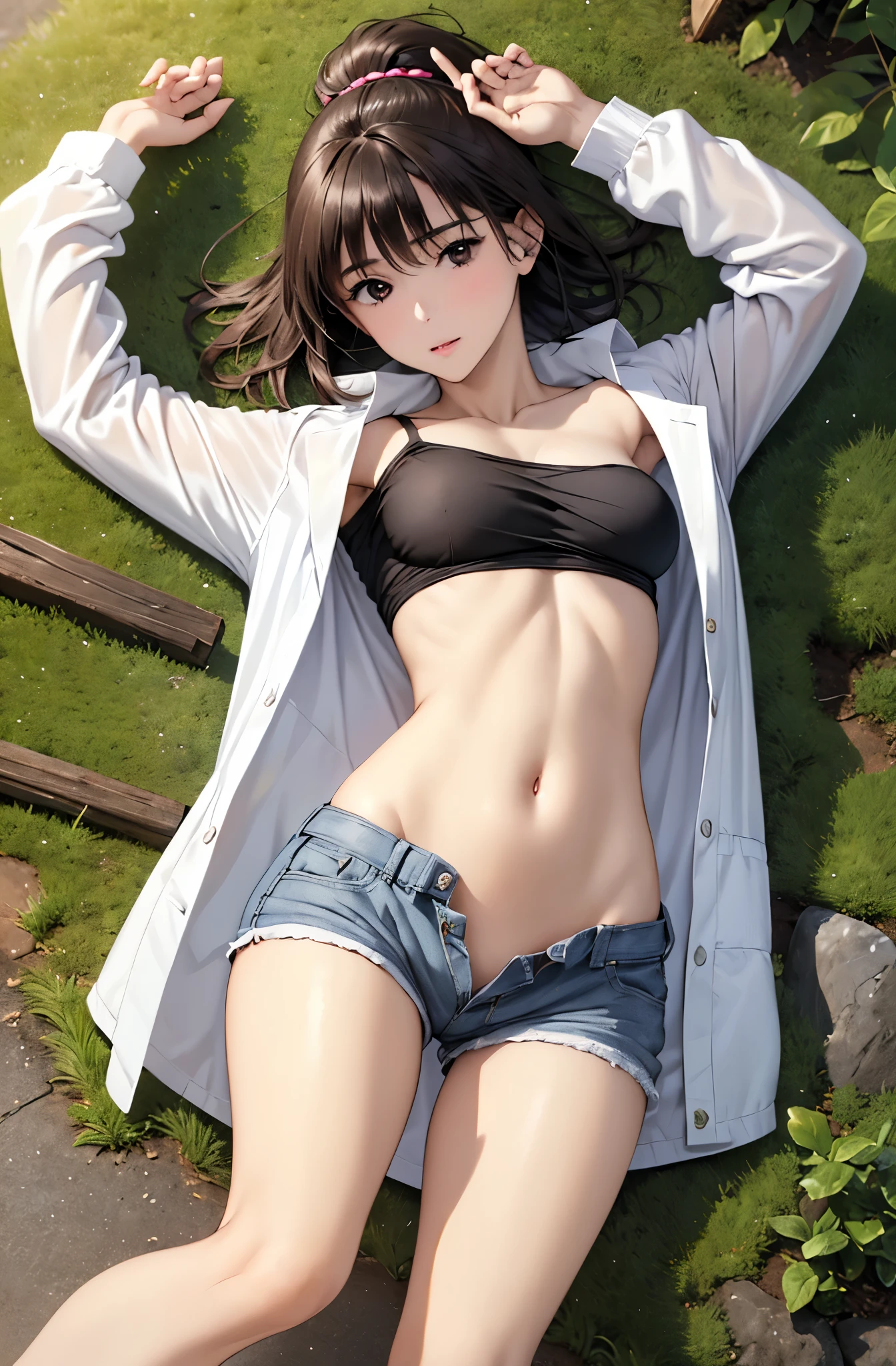 Masterpiece, Best quality, Highly detailed, Ultra high resolution, Idol Accelerator, 1 girl, alone, Perfect body, Hair accessories, Glossy lips, Medium chest, Diaphragm, shorts, White underwear, Disunity, White jacket, Black inner shirt, Ponytail, Hands in pockets, Show abdomen, Revealing the lower abdomen，Sexy belly, Long black hair, ((wide Open the abdomen))、((Open the abdomen))、((wide Open the navel))、((Open the navel))、((bare stomach))、((Extra low waist))、 ((Navel expulsion)), nature(Medium chest), sleep on the floor, Spread your legs, Raise both arms, Beautiful navel, Vertical navel, nature(Vertical navel)