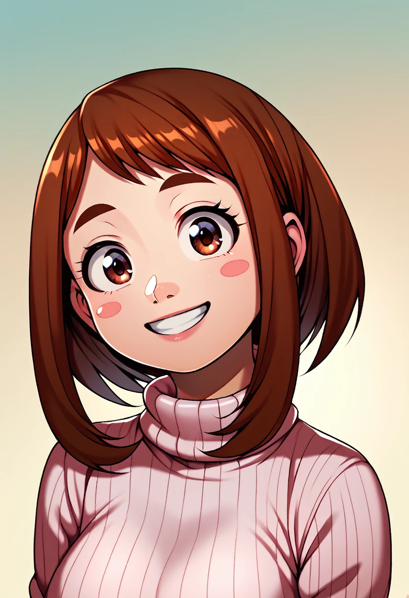 score_9, score_7_up, 1girl, solo, uraraka ochako, portrait, ribbed sweater, looking at viewer, head tilt, happy, smile, gradient background