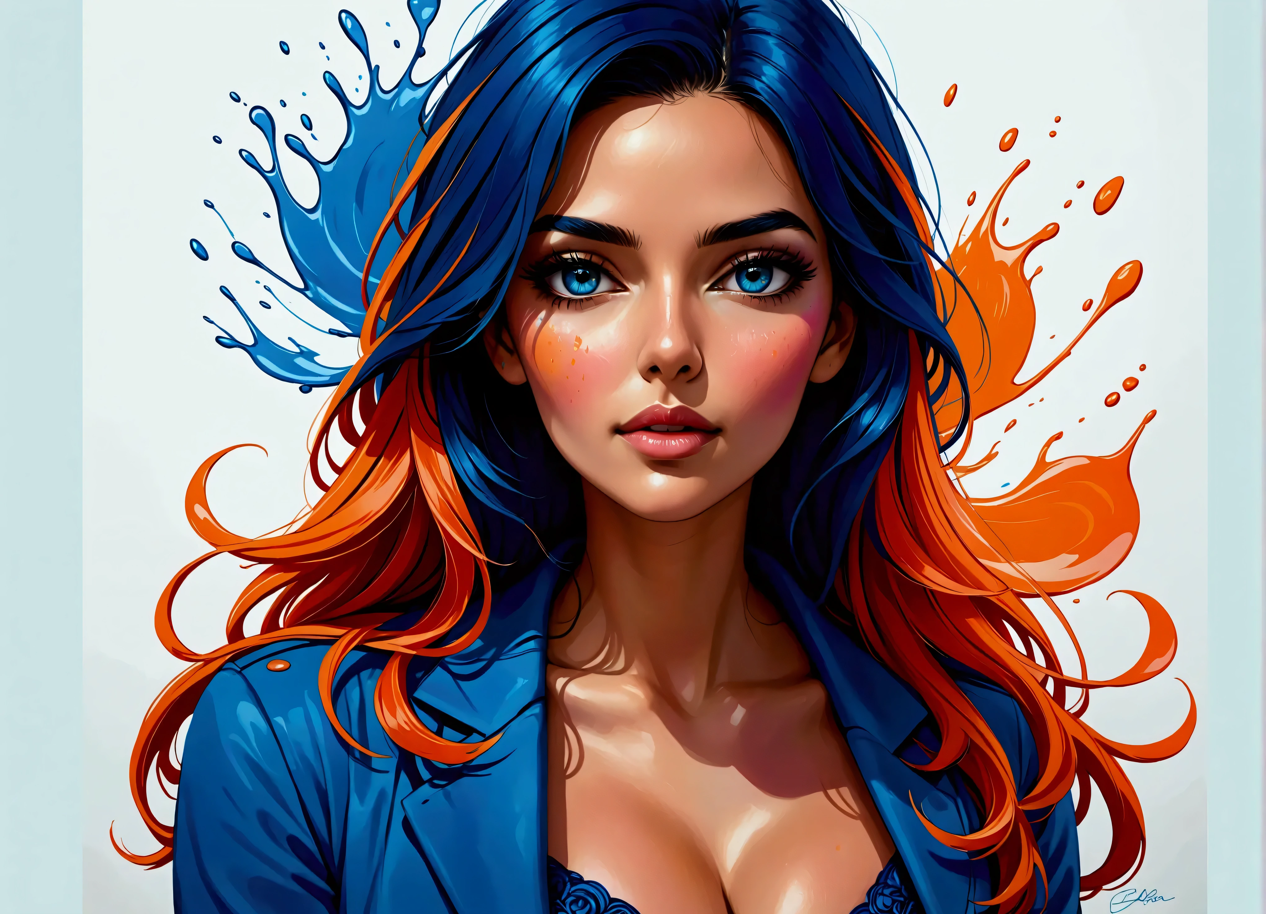 a beautiful woman, highlighted in vibrant colors like a colored pencil drawing, removing hair from face. The woman is very well dressed in a mix of shades of blue, pink and orange, with intricate details highlighting their garments. Around her are splashes of color similar to watercolors., with flowers and drops of paint..
