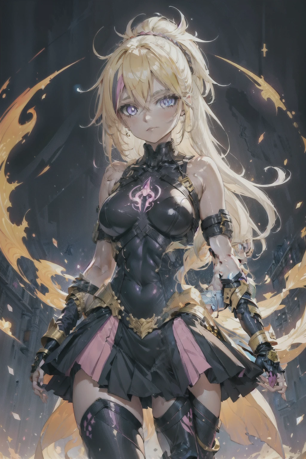 girl, blonde,ultra messy hair, multicolored bangs, braids, long ponytail, angelical forniture, celestial guardian, purple and pink theme, cute pose, long celestial boots, yoga pants, iron shoulders, short breastplate, fingerless gloves, gold gauntlets, ultra detailed face, long eyelashes, glowing eyes, MD Rin, lovely, Alta resolução, Obra-prima, Preciso, Melhor qualidade,
