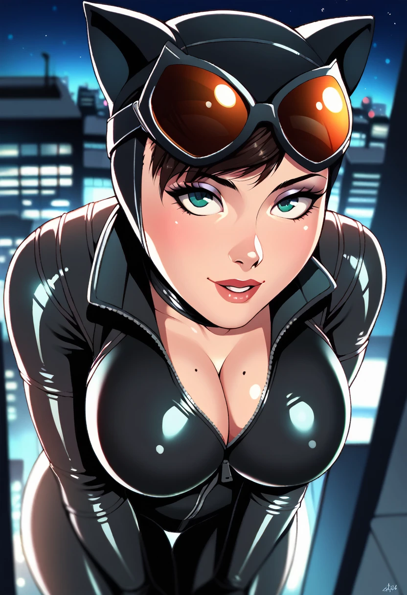 score_9, score_7_up, 1girl, solo, catwoman, cleavage, bodysuit, presenting, large breasts, from above, night, city, rooftop, depth of field