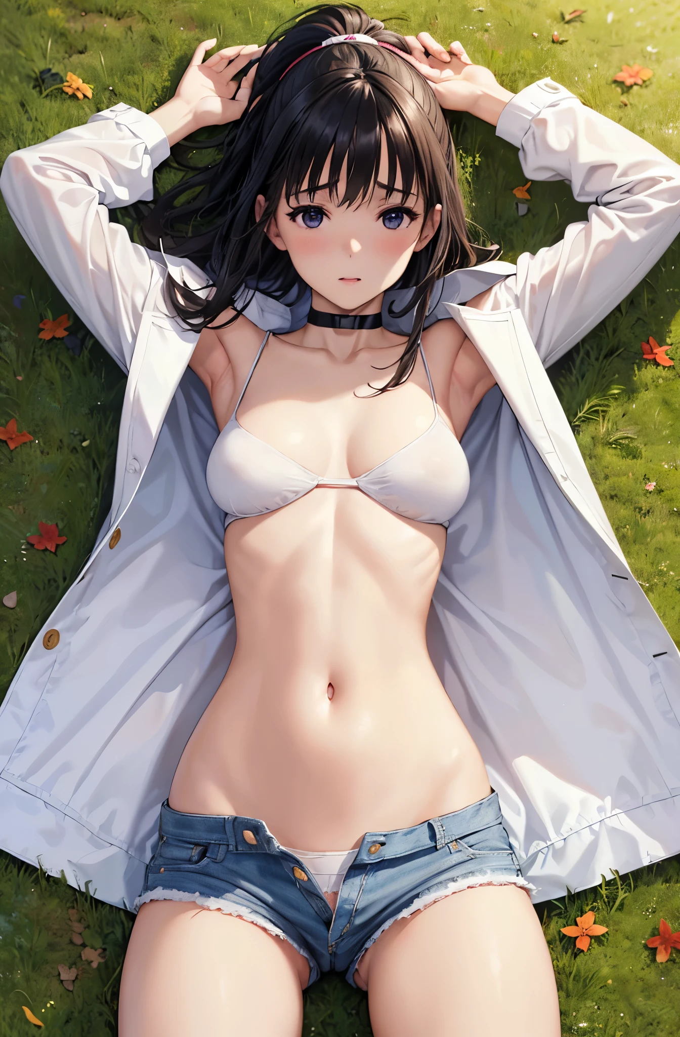 Masterpiece, Best quality, Highly detailed, Ultra high resolution, Idol Accelerator, 1 girl, alone, Perfect body, Hair accessories, Glossy lips, Medium chest, Diaphragm, shorts, White underwear, Disunity, White jacket, Black inner shirt, Ponytail, Hands in pockets, Show abdomen, Revealing the lower abdomen，Sexy belly, Long black hair, ((wide Open the abdomen))、((Open the abdomen))、((wide Open the navel))、((Open the navel))、((bare stomach))、((Extra low waist))、 ((Navel expulsion)), nature(Medium chest), sleep on the floor, Spread your legs, Raise both arms, Beautiful navel, Vertical navel, nature(Vertical navel)