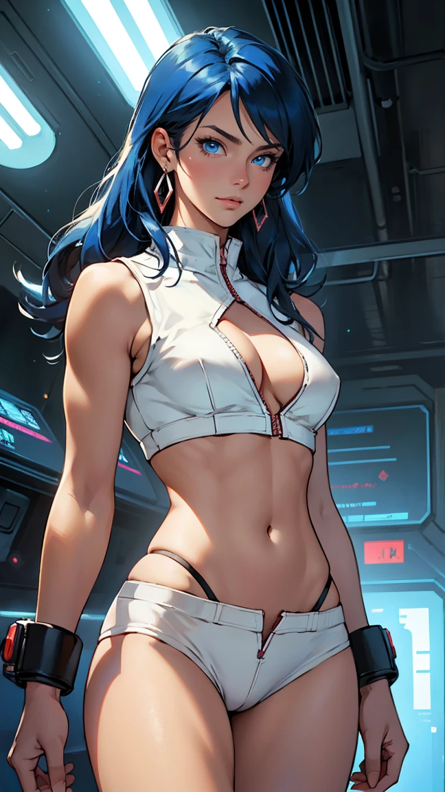 ((Masterpiece, highest quality; 1.3)), super quality, beautiful detail, super detailed, extra fine, 16K, exquisite, absurd, high resolution, beautiful background, detailed background, beautiful eyes, beautiful skin, anime style, dirtypairyuri, Dirty Pair Yuri in a skimpy white outfit, long blue hair, blue eyes, earrings, white uniform, white crop top, cutout, sleeveless, wearing tight clothing, skimpy, (breasts: 1.2), cleavage, cleavage, , obliques, muscular biceps, slim waist, slim thighs, thigh gap, showing stomach, skinny, thin hips, cyberpunk city background, holding a retro space gun