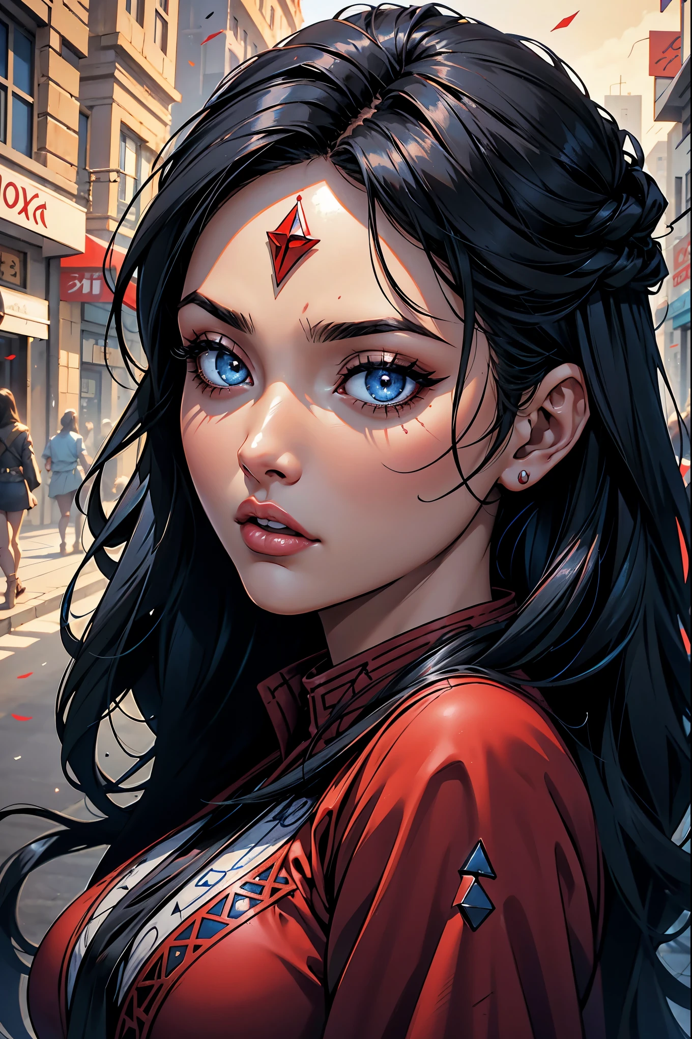 Lebanese woman, light skin, black hair, blue eyes, dressed casually, red magical runes on the forehead that are making the woman feel a lot of pain, scared expression, in the middle of the street ((bimbostyle))