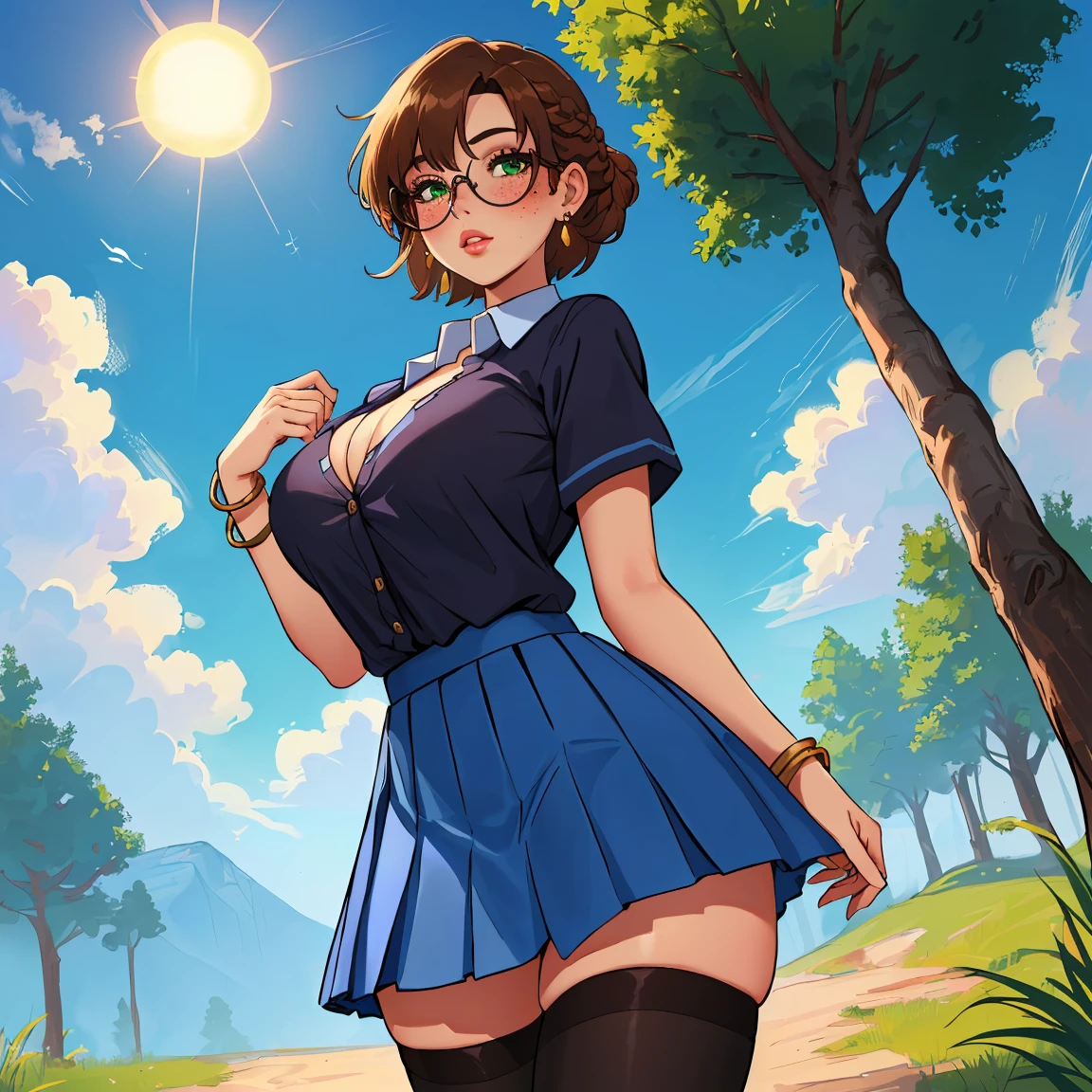 (masterpiece),(intricate details),1girl,mature female,brown eyes,pin-up curls, ,huge breasts
BREAK
short sleeves polo collar dress,socks,converse,depth of field,looking at viewer,random view,((standing on the , Topiary_garden,)),((full body)),smirk
BREAK
day,sun,rainbow,flower,ice cream shop,((cumulonimbus)),from above:1.3