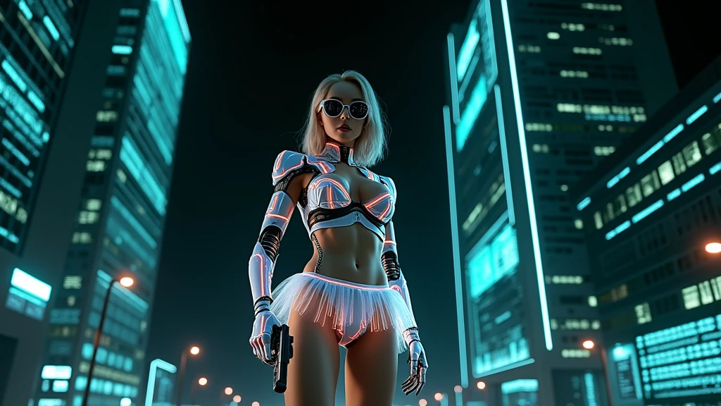 (((a medium-breast bikini slim GIRL with black micro sunglasses))), a balcony of a futuristic building, aerial view of an ultra-futuristic megalopolis, many metal buildings and houses in dark colors from dark blue to black, a cidade tem tons de cinza metal, has smoky metal structures , industrial environment with smoke and fog around, carros escuros nas ruas, desert megalopolis, trilhos e trens modernos de de metal passando estre as ruas da cidade, tall futuristic metal buildings, many ultra modern buildings around, realistic, detailed, Science fiction