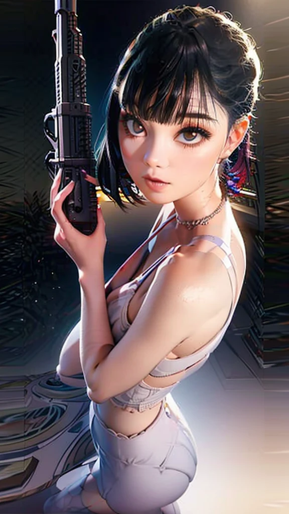 A beautiful pin-up girl, holding an assault rifle, in a low angle view, dynamic pose, detailed facial features,waist up, halfbody, from below, intricate makeup, seductive expression, wearing revealing lingerie, sensual pose, dramatic lighting, cinematic composition, vivid colors, photorealistic, hyper detailed, masterpiece