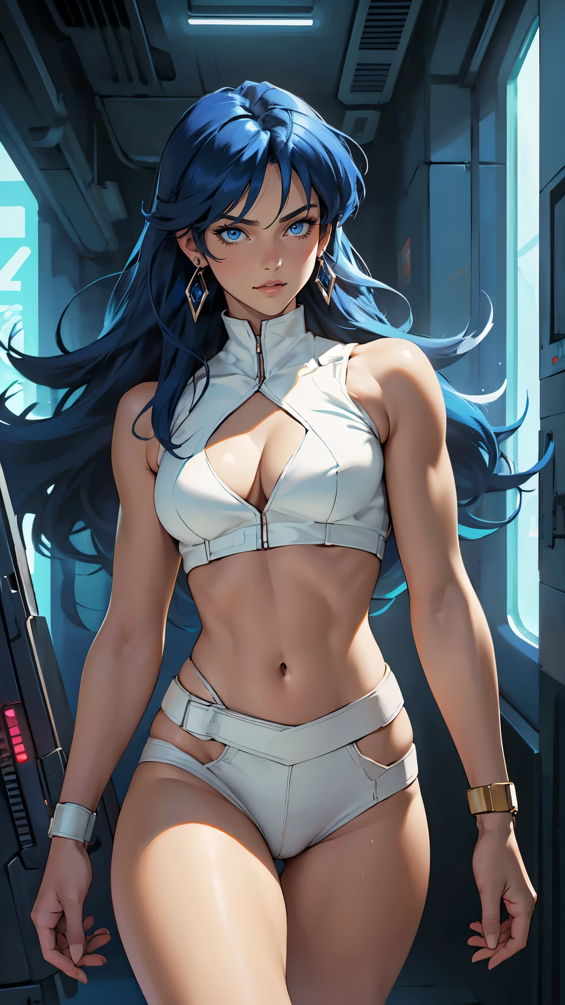 ((Masterpiece, highest quality; 1.3)), super quality, beautiful detail, super detailed, extra fine, 16K, exquisite, absurd, high resolution, beautiful background, detailed background, beautiful eyes, beautiful skin, anime style, dirtypairyuri, Dirty Pair Yuri in a skimpy white outfit, long blue hair, blue eyes, earrings, white uniform, white crop top, cutout, sleeveless, wearing tight clothing, skimpy, (breasts: 1.2), cleavage, cleavage, , obliques, muscular biceps, slim waist, slim thighs, thigh gap, showing stomach, skinny, thin hips, cyberpunk city background, holding a retro space gun