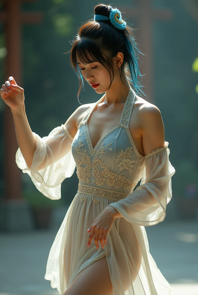 (masterece-piece:1.3)、(8K、photorealestic、Raw photography、beste Quality: 1.4)、(1girls)、Shallow depth of field、My face is in focus.、softfocus、beautifulface、(back lighting:1.5)、(Ambient:1.3)、(realistic faces)、(blackhair、Medium Short:1.3)、realistic eye、Dark brown eyes、Highlights in the eyes、Beautiful details、(Plenty of natural light)、(lifelike skin)、Beautiful skin、irresistible、ultra-highres、ultra realistis、high-detail、the golden ratio、One woman with a faint smile、full full body、Pure white smooth and shiny silk socks、pumps、Standing in front of garden arch with bouquet of flowers、Loosely wavy hair braided into a ponytail with a ribbon on the hair、Floral blouse with ruffles、bowtie、Blue skirt