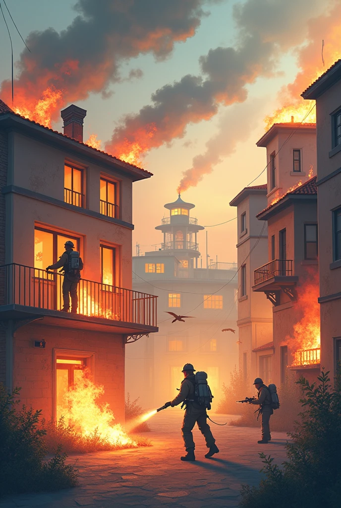 Extremely tense anime fire: human, drinking coffee in a building on fire in the background, superb playing card borders, random color art, oil painting, blue-yellow, light purple and purple additions, light red additions, intricate details, splash screen, 8k resolution, masterpiece, artstation digital painting smooth black ink flow: 8k resolution realistic masterpiece: intricate fluid gouache: Jean Baptiste Mongue: calligraphy: acrylic: watercolor art, professional photography, Natural daylight, volumetric lighting minimalist photography illustration: Marton Bobzert: complex, elegant, vast, dreamy, vibrant