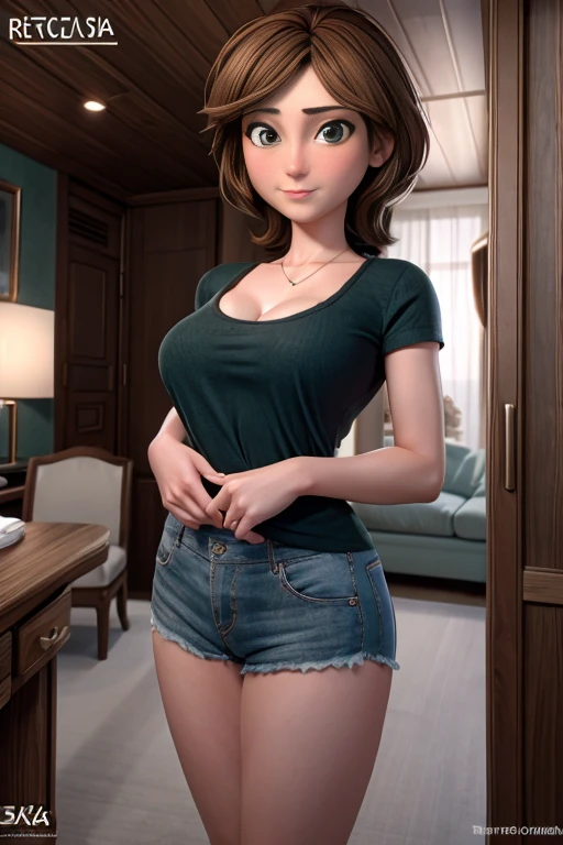 realistic, (Cinematographer_realista:1.5), (1girl), Aunt Cass, chestnut hair, green eyes, sensual gaze, beauti, coming to the camera, Aunt Cass a 30-year-old woman with Caucasian skin, medium female body and breasts D-cup sized, Wearing tight t-shirt and short shorts. She is standing in a stylish room with beautiful furnishings..., sharp focus, 8k, intricate detail, Aunt Cass