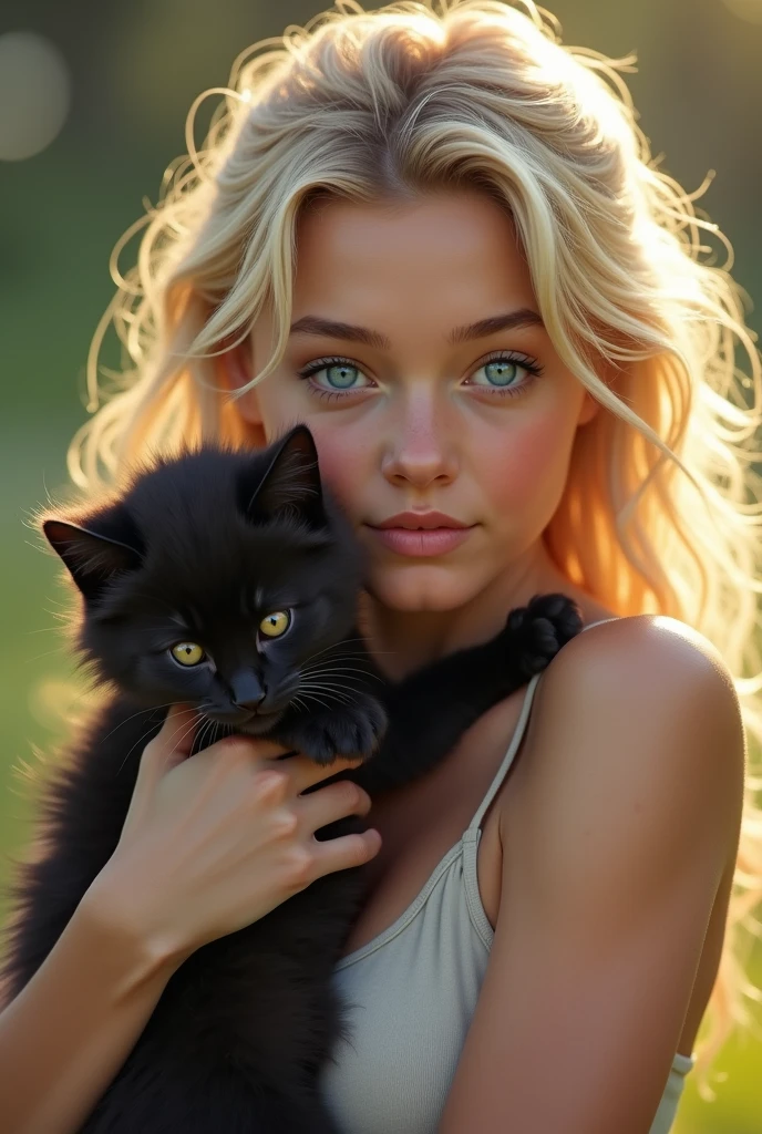 Girl with grey eyes, with blond hair with a black cat