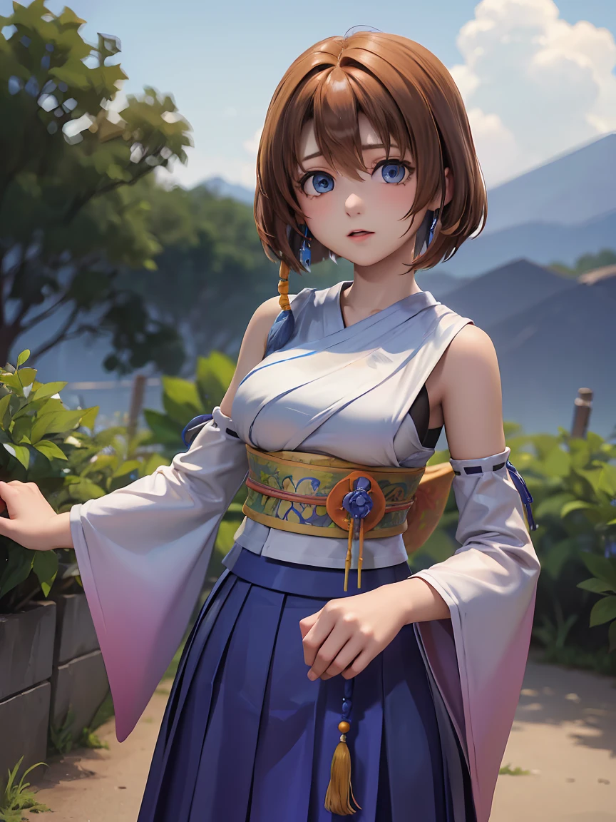 Ultra-high resolution, Advanced Details, (((Rena Ryuuguu))), girl, alone, orange hair, short hair, blue eyes, blue beaded earrings, YunaOutfit, hair ornament, detached sleeves, hakama, sash, hakama skirt, (long skirt)