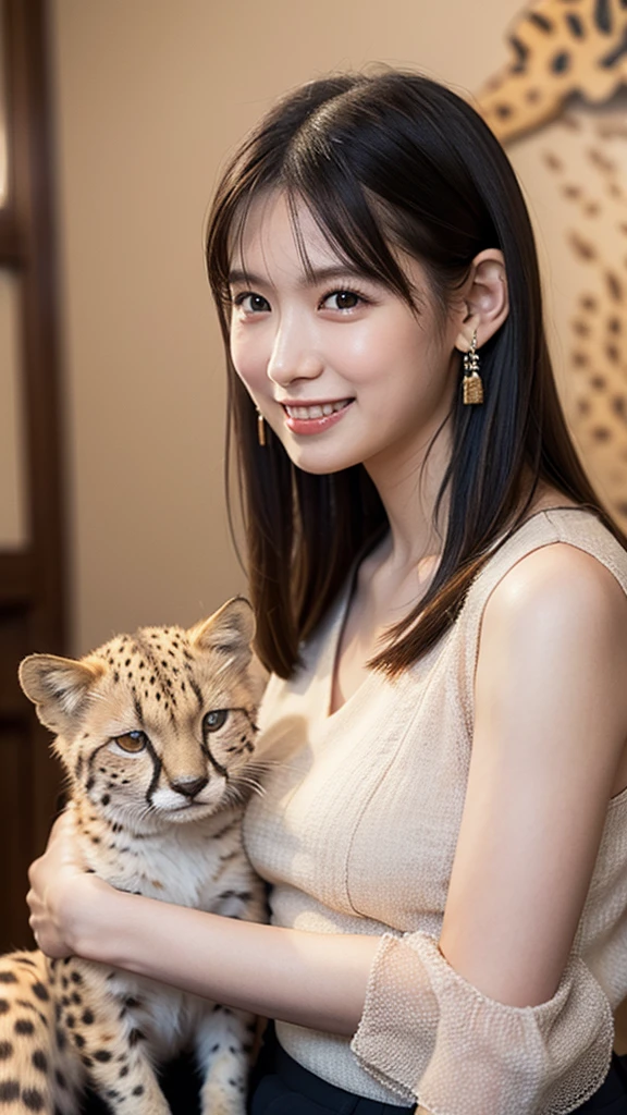 One Girl, ((Ruffled bolero blouse,Barrel Leg Cargo Pants)), (Beautiful Japanese Idol Portrait Photos), (Holding an adorable baby cheetah at the zoo), (RAW Photos, Best Quality), (Realistic, photo-Realistic:1.4), masterpiece, 8K Portrait, Very delicate and beautiful, 非常にdetailed, 2k wallpaper, wonderful, detailed, 非常にdetailed CG unity 8k wallpaper, 非常にdetailed, High resolution, Soft Light, 美しいdetailedな***, 非常にdetailed eyes and face, Beautiful and sophisticated nose, Beautiful attention to detail, Cinema Lighting, Perfect Anatomy, Slender body, Small breasts, Medium Hair, (smile), Elegant pose, (Elegant and sophisticated atmosphere)