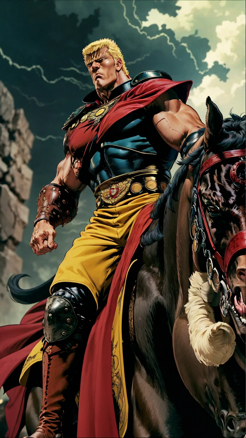 Best Quality、８k、Raoh from Fist of the North Star(:1.5), Ride a giant black horse、Taking the reins、Red Cape、Jump into the air、Like flying in the sky、Unbelievable footage、A scene from a movie、