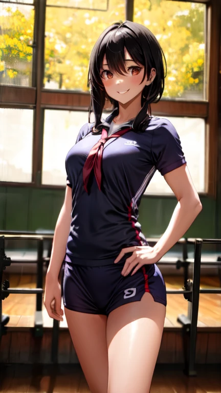 A tall athletic high school girl with short black hair, wearing a gym uniform, holding a volleyball, standing confidently, smiling brightly, in a large school gymnasium, surrounded by classmates, vibrant sunlight streaming through the windows, her posture is strong and athletic, her eyes are full of energy, boys in the background teasing her playfully, she remains unfazed, anime style, bright and warm lighting, detailed gym background, dynamic composition, 8k quality, extremely detailed
