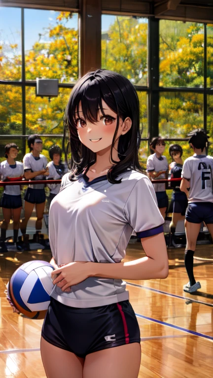 A tall athletic high school girl with short black hair, wearing a gym uniform, holding a volleyball, standing confidently, smiling brightly, in a large school gymnasium, surrounded by classmates, vibrant sunlight streaming through the windows, her posture is strong and athletic, her eyes are full of energy, boys in the background teasing her playfully, she remains unfazed, anime style, bright and warm lighting, detailed gym background, dynamic composition, 8k quality, extremely detailed
