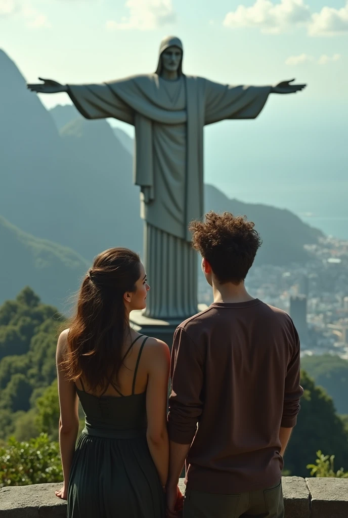 A brunette woman, slim, with medium wavy hair is posing in front of Christ the Redeemer, Cuddled with her boyfriend. He is taller than her