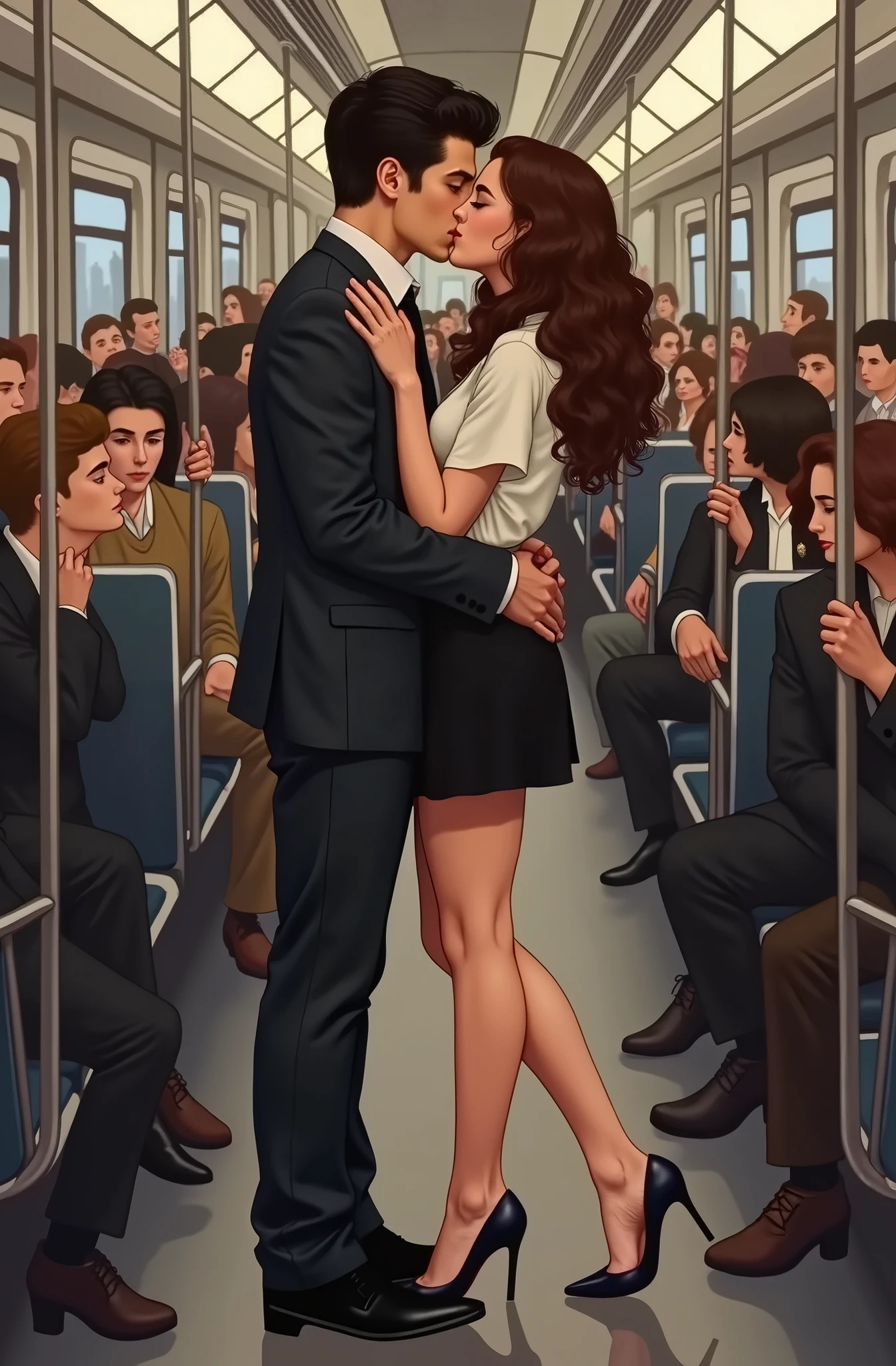 Crowded train man bearded holding her on lap,picking up on lap,mini white skirt swinging up, 40k, photography, masterpiece, best quality, dark gray background,nsfw,(1girl blue eyes and brown hair), big butt, medium breasts until waiting wearing, (mini skirt swinging sexy round: 1.3), (white open neckline shirt: 1.3), blond man leaning against the back picking her up,assorted poses.