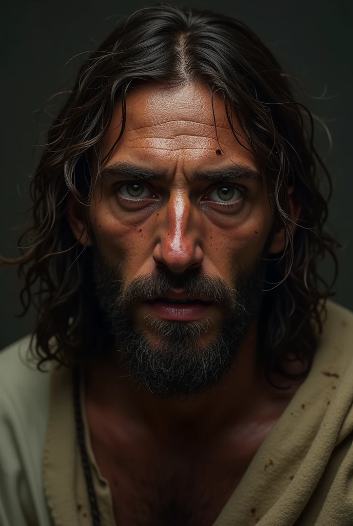 Close-up of Jesus on the cross with a crown of thorns blood stare piercing gaze, sad, Retailer, hdd4K, realist