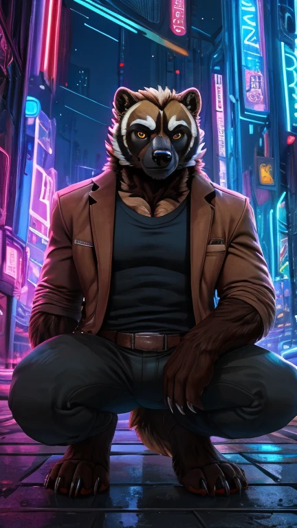 (1boy, wolverine, logan), (extremely detailed CG unit 8k wallpaper),(master part), (best quality), (ultra detail), (best illustration),(Tsukasa Hojo style), cowboy shot, Paw pose, show Paws show claws, (Sharp eyeliner, ombre, detailed eyes:1), dark, night, neon light, cyberpunk city, digital art, break , upper body, close up, crouching, Sharp claws, brown jacket