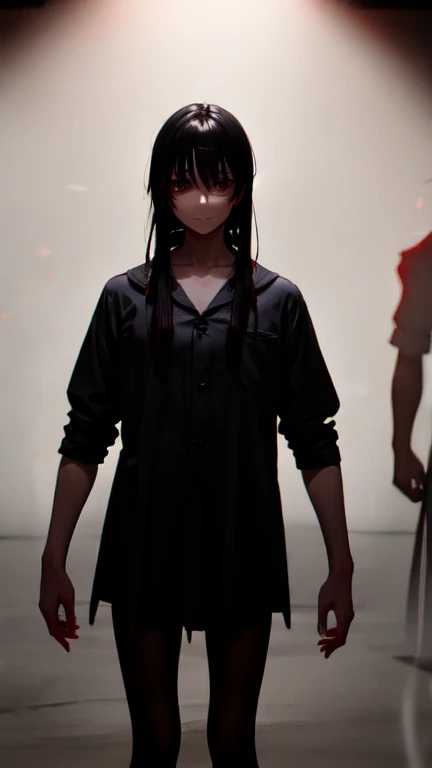 A tall athletic high school girl with short black hair, her expression turning obsessive, wide eyes full of possessiveness and obsession, her hand tightly gripping the arm of a short boy standing next to her, her smile twisted and unsettling, dark shadows cast across her face, the gymnasium is now empty and dimly lit, the other students have disappeared, her body language dominating and intimidating, the boy looks uneasy and frightened, anime style, dramatic and dark lighting, intense shadows, the atmosphere is tense and eerie, 8k quality, extremely detailed
