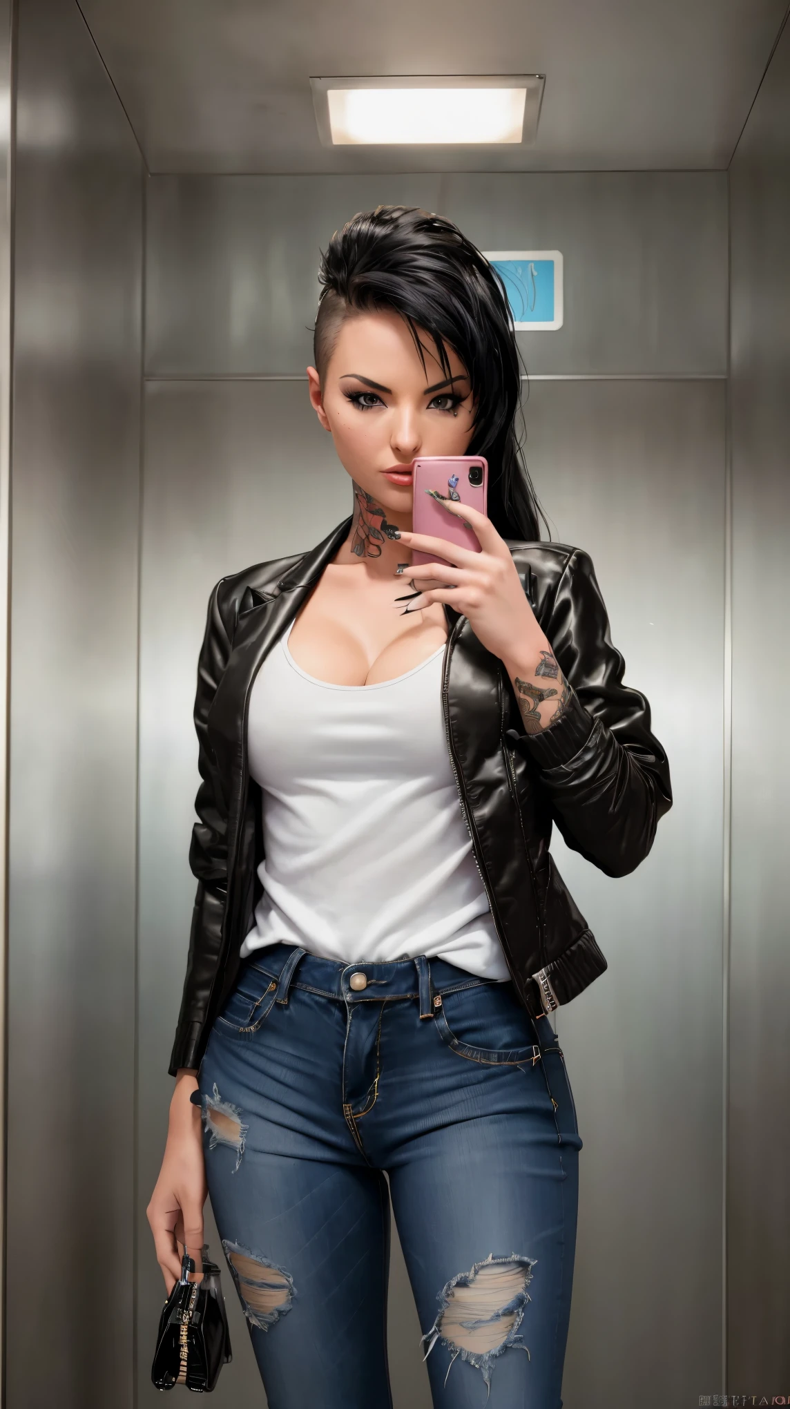 film photo ChristyMackQuiron woman, mohawk hair, black hair, realista, a woman Shot putwearing a suit jacket and jeans, suit jacket, black jacket, t shirt, tight jeans, de buen tono, 35mm photography, movie, bokeh, profesional, 4k, muy detallado, (((mirror selfie, holding phone, inside elevator, hotel elevator)))